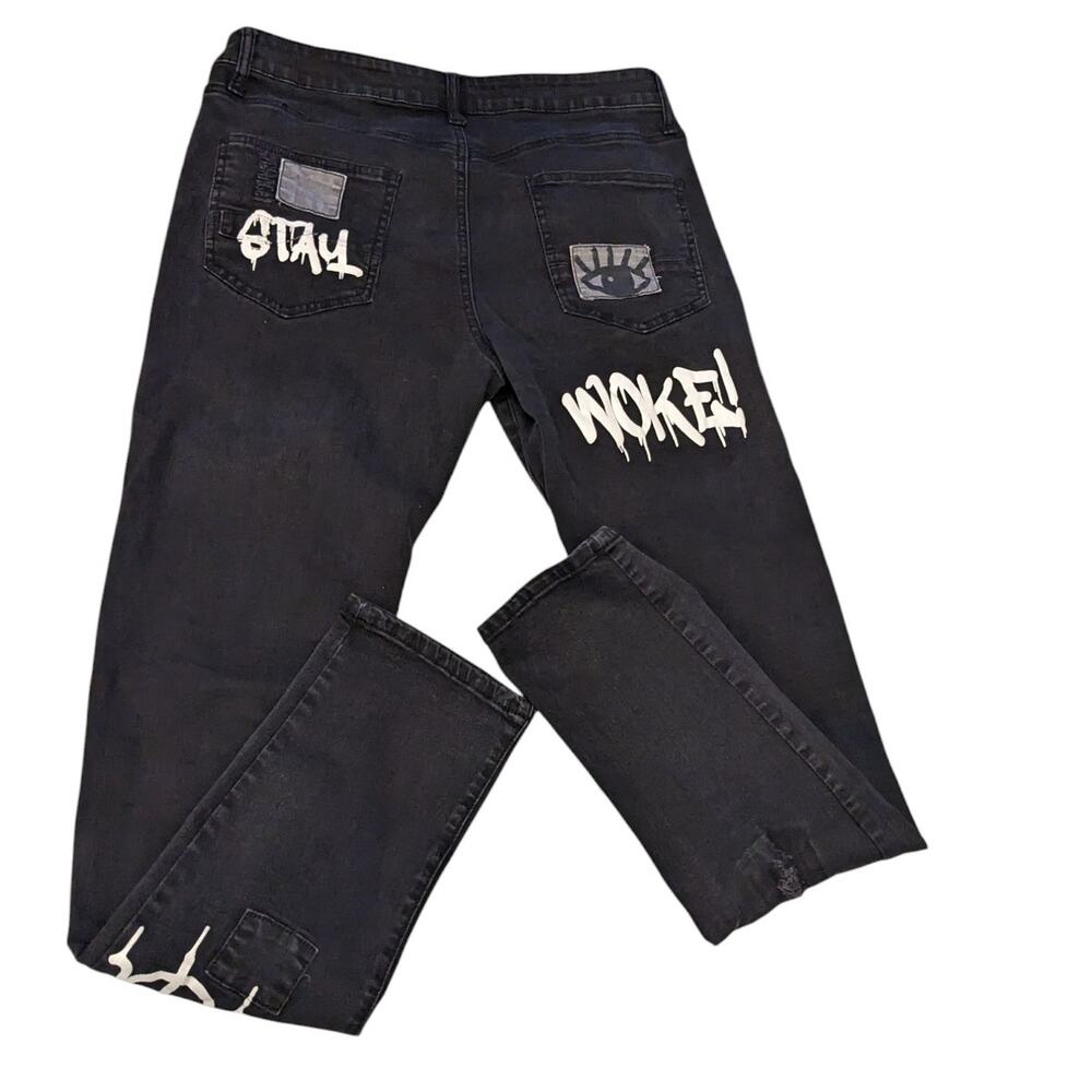 Rutherford Skinny Fit Jeans Mens 34 Distressed Graffiti Patches Streetwear Bold - Picture 5 of 12